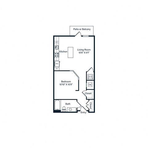 Floor plan for studio, 1 bath, 633 sqft